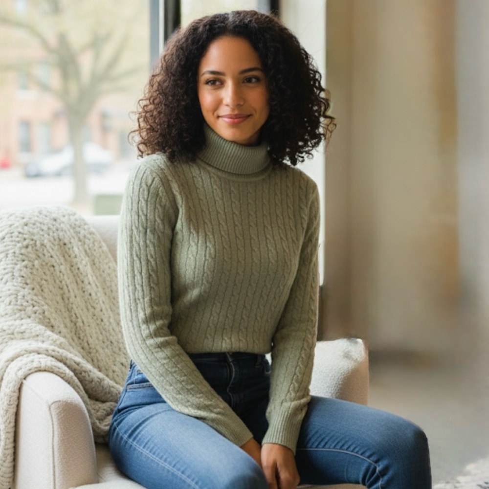 Jeanne Pierre Cable Knit Turtleneck Sweater Sage Size small